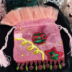 Katherine's Collection Vintage Pink Christmas Gift Bag Tulle INDIA Mesh Jeweled